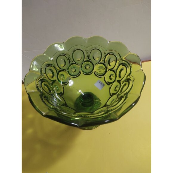 L.E. Smith Green Footed Compote Bowl Moon & Stars 6 5/8"H x 8"W - Picture 8 of 9